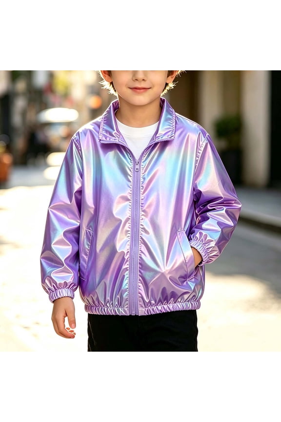 Kids Metallic Shiny Jacket Girls Boys Sparkly Lightweight Waterproof Raincoats Fashion Streetwear Y2K Glitter Outerwear Jackets Purple 4-5 Years