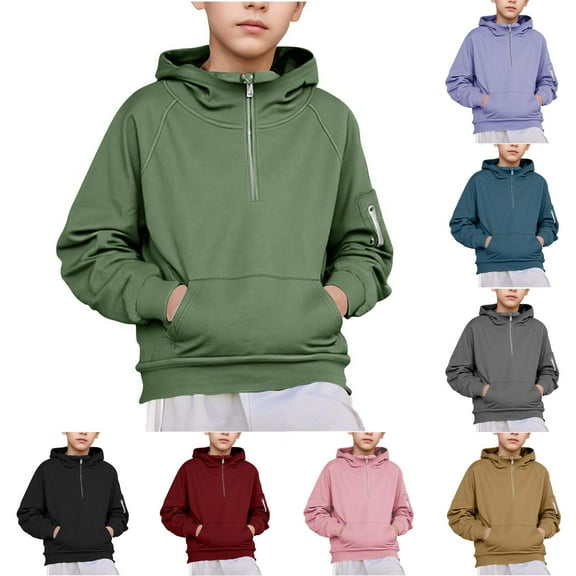 AHTJRT Kids Quarter Zip Sweatshirt Boys Girls Long Sleeve Solid Clor Pullover Hoodies with Kangaroo Pockets Casual Travel Hiking Camping Tops Khaki 7-8 Years