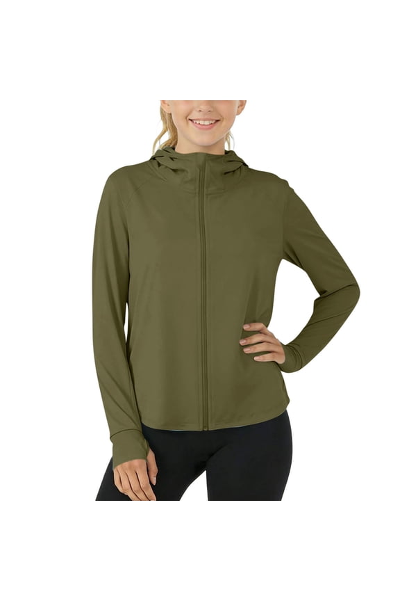 Kids Rash Guard Hooded Shirt with Integrated Face Mask Long Sleeve Zip-Up Lightweight Jacket UPF50+ Sun Protection Summer Fishing Shirts Dark Green 1-4 Years