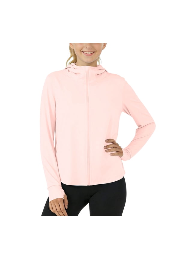 Kids Rash Guard Hooded Shirt with Integrated Face Mask Long Sleeve Zip-Up Lightweight Jacket UPF50+ Sun Protection Summer Fishing Shirts Pink 1-4 Years