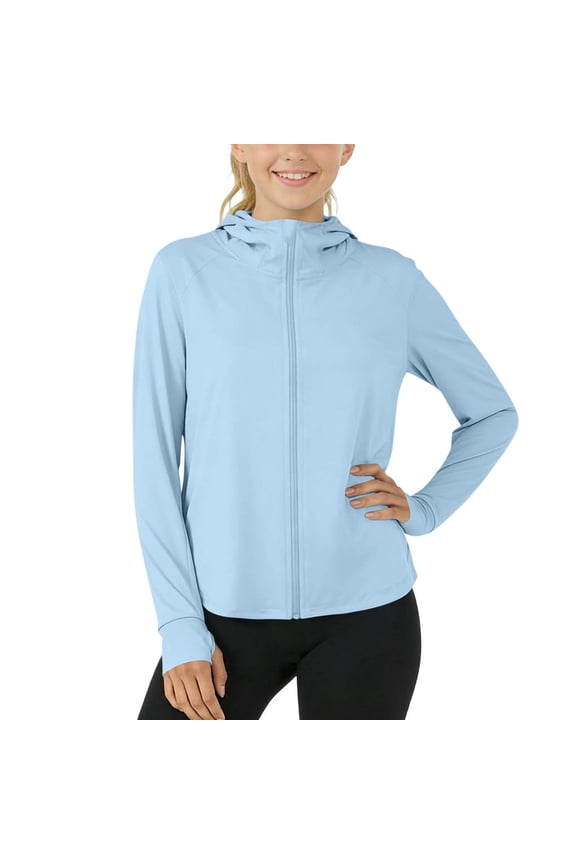 Kids Rash Guard Hooded Shirt with Integrated Face Mask Long Sleeve Zip-Up Lightweight Jacket UPF50+ Sun Protection Summer Fishing Shirts Sky Blue 9-13 Years