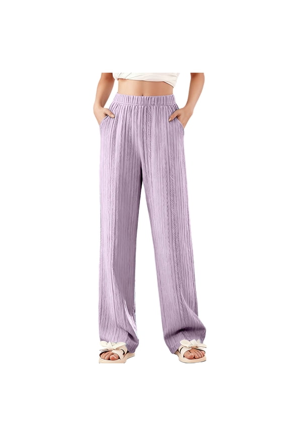 Kids Ribbed Wide Leg Pants High Elastic Waist Pants with Pockets Lightweight Cotton Comfy Soft Lounge Trousers Purple 5-6 Years