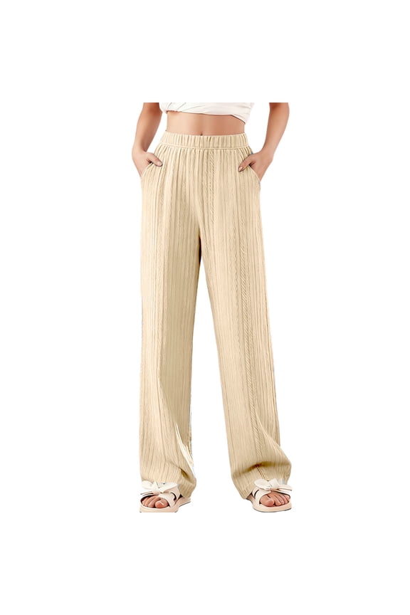 Kids Ribbed Wide Leg Pants High Elastic Waist Pants with Pockets Lightweight Cotton Comfy Soft Lounge Trousers Yellow 5-6 Years