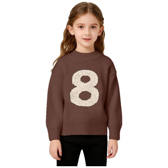 AHTJRT Kids Sweater Ribbed Number Eight Printed Knit Crewneck Pullover Tops Stretchable Long Sleeve Tops Fall Spring Party Clothes Coffee 7-8 Years
