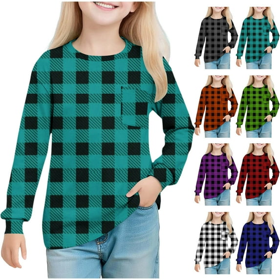 AHTJRT Kids Tshirts Boys Girls Fashion Plaid Crewneck Long Sleeve Sweatshirts with Chest Pocket Breathable Fall Spring Lounge Outdoor Tee Shirts Black 9-10 Years