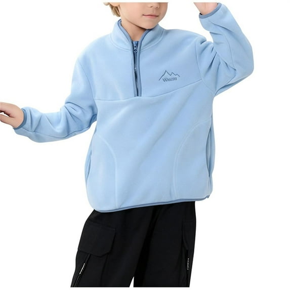 AHTJRT Kids Unisex Athletic Sweatshirts Quarter Zip Mock Neck Tops with Pockets Fashion Polar Fleece Lined Pullover Workout Hiking Running Blue 4-5 Years