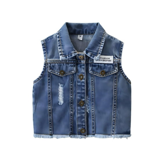 AHTJRT Kids Unisex Denim Vest Fashion Vintage Distressed Solid Lapel Full Button Sleeveless Jean Jacket with Pockets Casual Fall Spring Tops Blue#02 5-6 Years