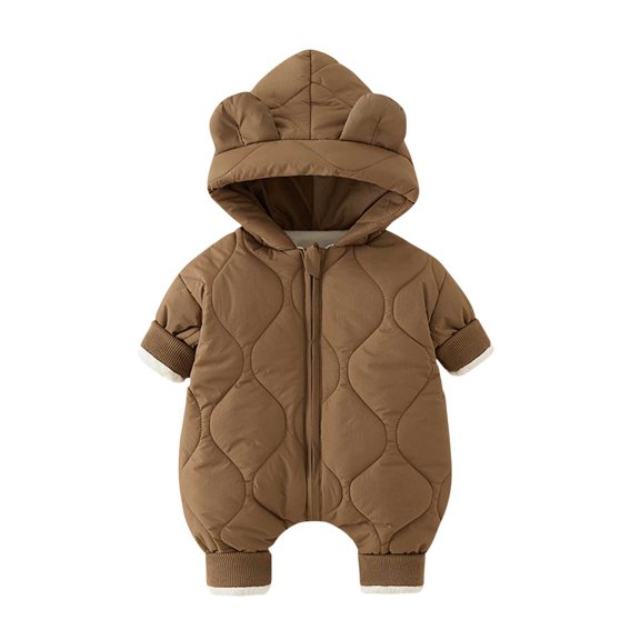 AHTJRT Kids Unisex Jumpsuits Full Zip Quilted Puffer Rompers Animal Ear Hooded Onesie Warm Fleece Lined Windproof Snowsuits Khaki 0-1 Years