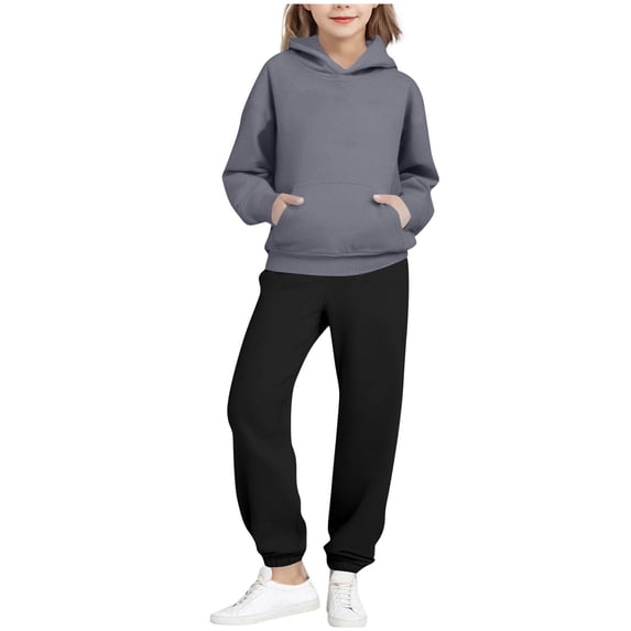 AHTJRT Kids Unisex Sweat Suits Solid Hoodie Sweatshirt Joggers Pants Outfit Two Pieces Casual Workout Running Gym Sets Dark Gray 5-6 Years
