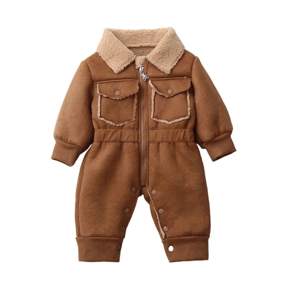 AHTJRT Kids Zip-Up Jumpsuits Warm Sherpa Fleece Lined Snowsuits Overalls with Flap Pockets Lapel Rompers with Adjustable Leg Cut Brown 0-1 Years