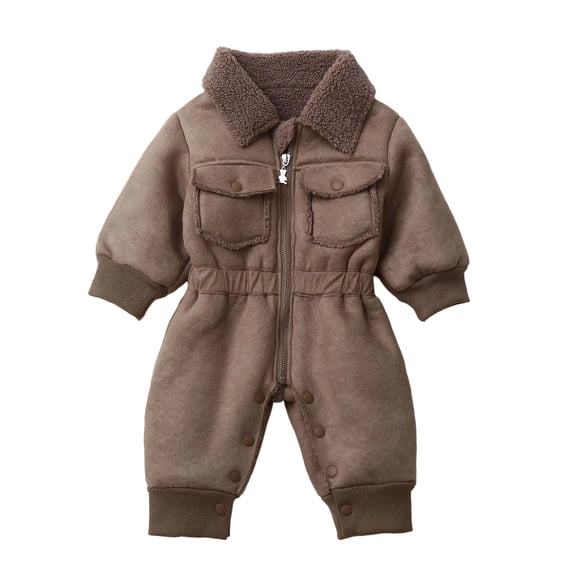 AHTJRT Kids Zip-Up Jumpsuits Warm Sherpa Fleece Lined Snowsuits Overalls with Flap Pockets Lapel Rompers with Adjustable Leg Cut Coffee 0-1 Years