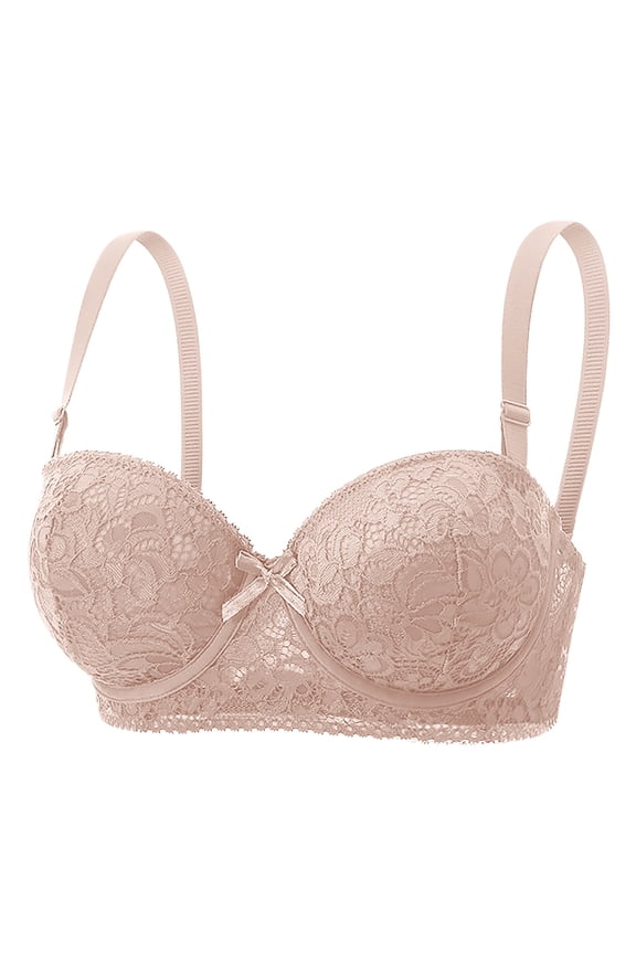 Lace Bra for Women Sheer Balconette Underwired Unlined Bras Full Coverage Everyday Lingerie Tops with Adjustable Straps Khaki L