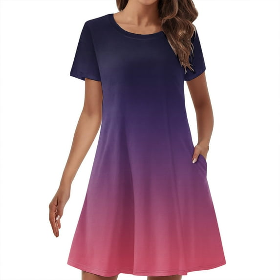 AHTJRT Ladies Gradient Color Short Sleeve Crew Neck Midi Dress with Pockets A Line Summer Tie Dye Comfy Vacation Knee Length Loose Fit Dresses Hot Pink#003 10(XL)