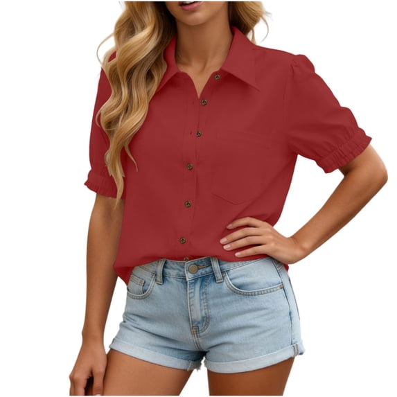 AHTJRT Lantern Short Sleeve Shirt for Women Button Down Lapel Collared ...