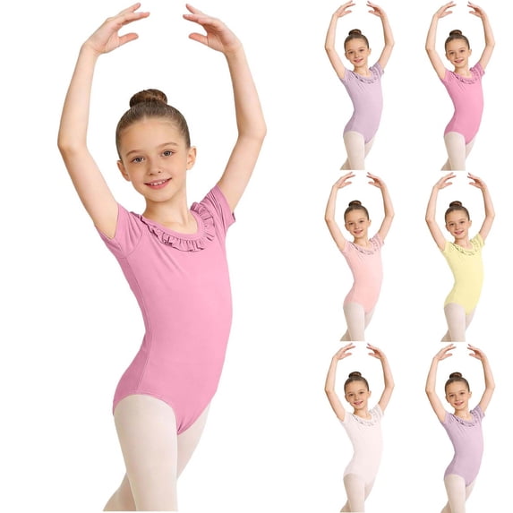 AHTJRT Leotards for Girls Cute Summer Dance Ballet Gymnastics Sleeveless Tank Bodysuits with Ruffled Collar Pink#01 5-6 Years