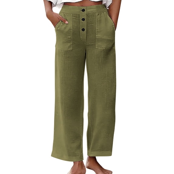 AHTJRT Lightweight Pants for Women Comfy Cotton Soft Trousers with Pockets Front Button Waist Straight Leg Spring Summer Slacks Dark Green S