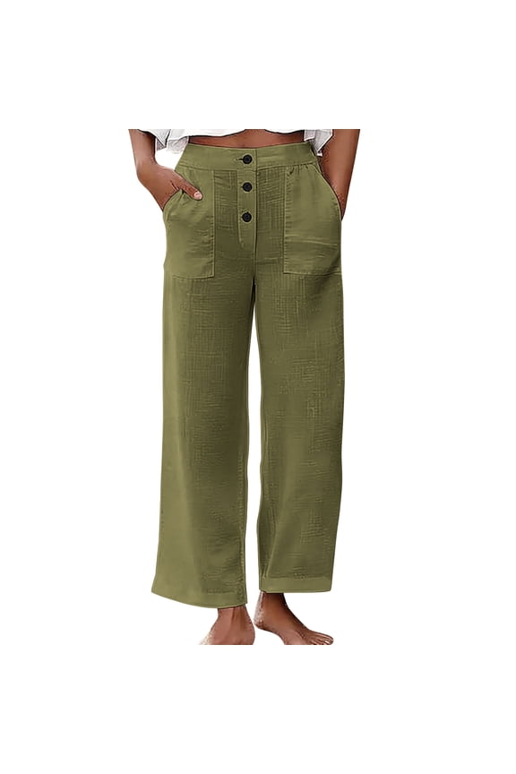 Lightweight Pants for Women Comfy Cotton Soft Trousers with Pockets Front Button Waist Straight Leg Spring Summer Slacks Dark Green XXL