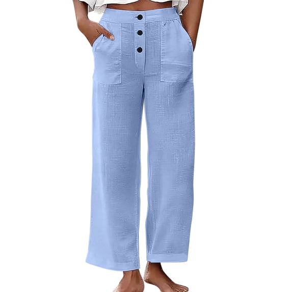 AHTJRT Lightweight Pants for Women Comfy Cotton Soft Trousers with Pockets Front Button Waist Straight Leg Spring Summer Slacks Light Blue XXL