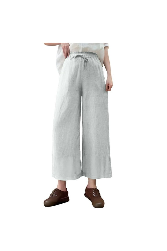 Lined Pants for Women Baggy Palazzo Pants with Pockets High Elastic Waist Drawstrings Trousers Casual Wide Leg Slacks Pants White L