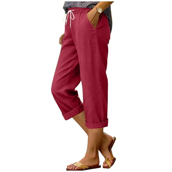AHTJRT Linen Capri Pants for Women Drawstrings Elastic Waist Casual ...