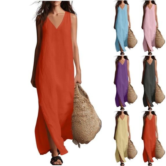 AHTJRT Linen Cotton Dress for Women 2026 Maxi V Neck Sleeveless Side Slit Sundress Solid Color Summer Vacation Boho Beach Tank Dress Yellow XXL