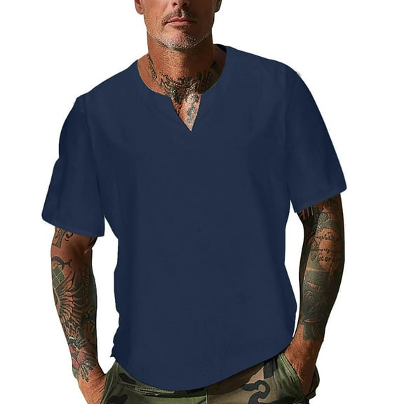 AHTJRT Linen Men's Casual Short Sleeve V Neck T Shirt Soft Relaxed Fit Blouse Navy XL