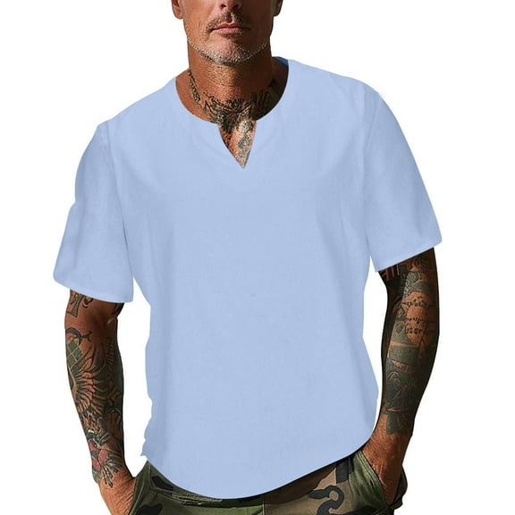 AHTJRT Linen Men's Casual Short Sleeve V Neck T Shirt Soft Relaxed Fit Blouse Sky Blue XL
