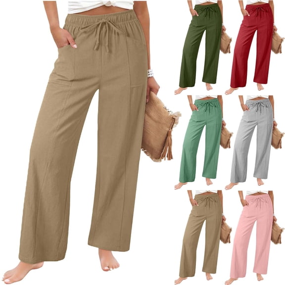 AHTJRT Linen Pants for Women Drawstrings Elastic Waist Slacks Pants with Pockets Comform Spring Summer Formal Business Athleisure Trousers Gray XL