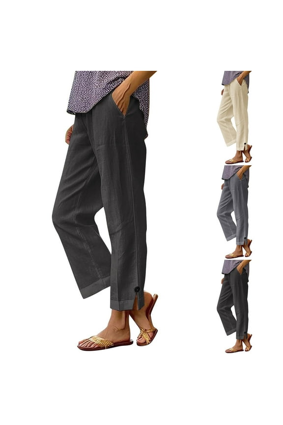 Linen Pants for Women Side Split Ankle Length Straight Wide Leg Trousers with Pockets Casual Cooling Breathable Summer Lounge Pants Black XXXL