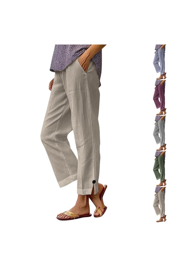 Linen Pants for Women Side Split Ankle Length Straight Wide Leg Trousers with Pockets Casual Cooling Breathable Summer Lounge Pants Gray#02 XL