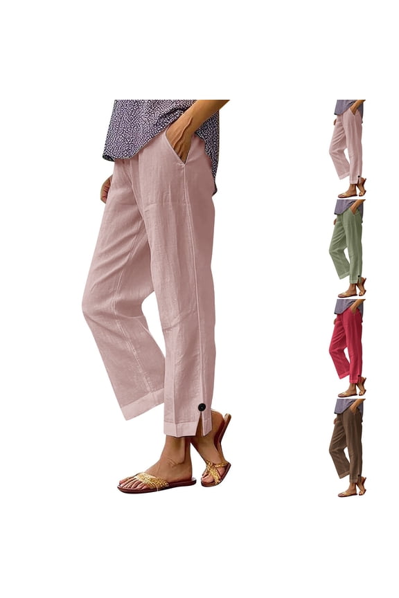 Linen Pants for Women Side Split Ankle Length Straight Wide Leg Trousers with Pockets Casual Cooling Breathable Summer Lounge Pants Pink S