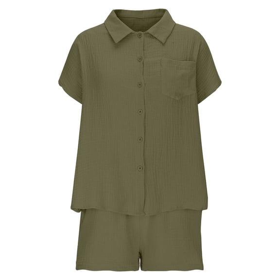 AHTJRT Linen Shorts Sets for Women Lapel Button Down Shirt and Drawstrings Shorts Outfit Beach Vacation Short Sleeve Matching Sets Green L