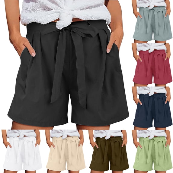 AHTJRT Linen Shorts for Women Belted Elastic Waist Wide Leg Travel Vacation Short Pants with Pockets Lightweight Breathable Beach Shorts Black M