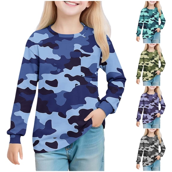 AHTJRT Long Sleeve Shirts for Kids Girls Boys Fashion Camouflage Crewneck Tee Tops Casual Fall Spring Outdoor Streetwear Sweatshirts Blue#01 7-8 Years
