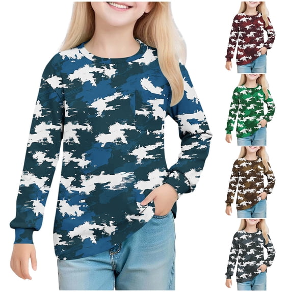 AHTJRT Long Sleeve Shirts for Kids Girls Boys Fashion Camouflage Crewneck Tee Tops Casual Fall Spring Outdoor Streetwear Sweatshirts Dark Gray#01 9-10 Years