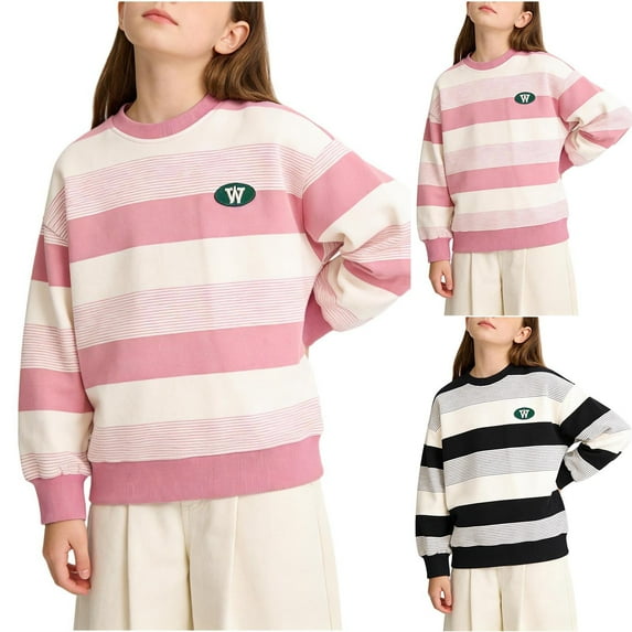 AHTJRT Long Sleeve T-Shirt for Girls Fashion Striped Colorblock Crew Neck Tee Tops Lightweight Fall Spring Street Outdoor Activities Sweatshirts Pink 11-12 Years