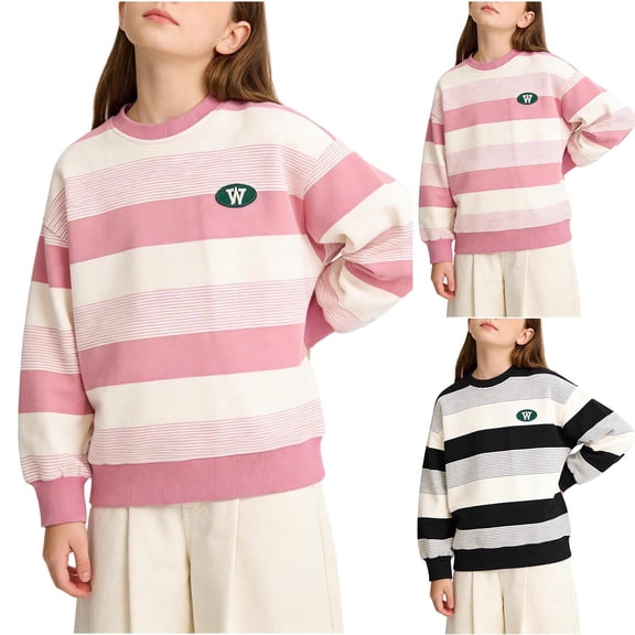 AHTJRT Long Sleeve T-Shirt for Girls Fashion Striped Colorblock Crew Neck Tee Tops Lightweight Fall Spring Street Outdoor Activities Sweatshirts Pink 9-10 Years