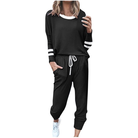AHTJRT Lounge Sets for Women 2 Pieces Travel Sweatsuits Long Sleeve Tops High Waisted Joggers Outfits Fall Spring Matching Clothing Set Black M