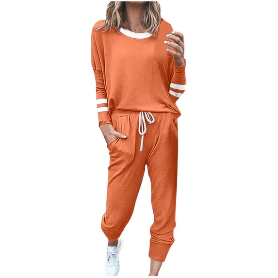 AHTJRT Lounge Sets for Women 2 Pieces Travel Sweatsuits Long Sleeve Tops High Waisted Joggers Outfits Fall Spring Matching Clothing Set Orange M