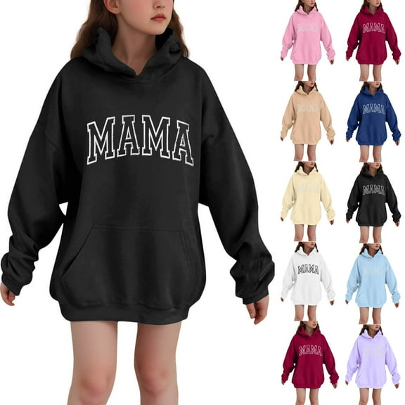 AHTJRT Mama Sweatshirt for Kids Loose Fit Long Length Long Sleeve Pullover Hoodies with Kangaroo Pocketstravel Birthday Holiday Family Clothes Pink 11-12 Years