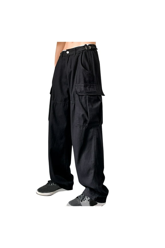 Men Cargo Pants Baggy Y2K Clothing Multi Pockets Vintage High Waist Loose Straight Leg Pants Black 3XL