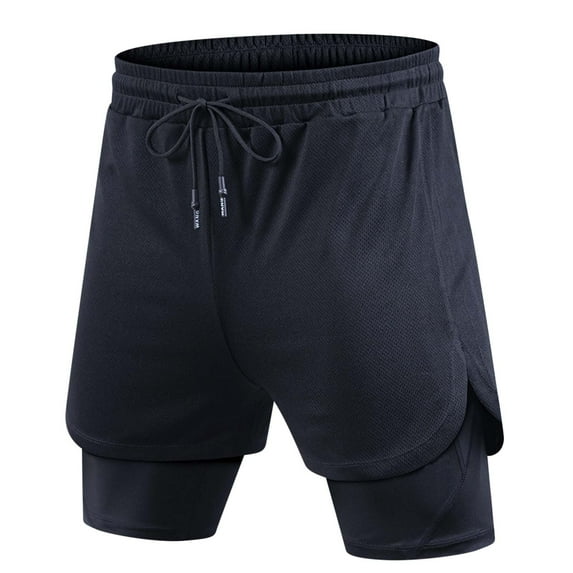 AHTJRT Men's 2-in-1 Workout Shorts Stretchy 5 Gym Shorts with Compression Liner and Zip Pocket Black 2XL