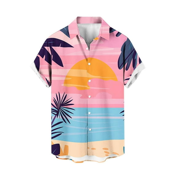 AHTJRT Men’s Button Down Aloha Shirt with Tropical Ferns Pineapple Geometry V Neck Shirt Multicolor L