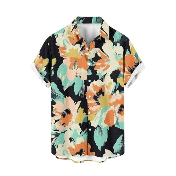 AHTJRT Men’s Button Down Aloha Shirt with Watercolor Hibiscus Blooms Short Sleeve Casual Shirt Multicolor L
