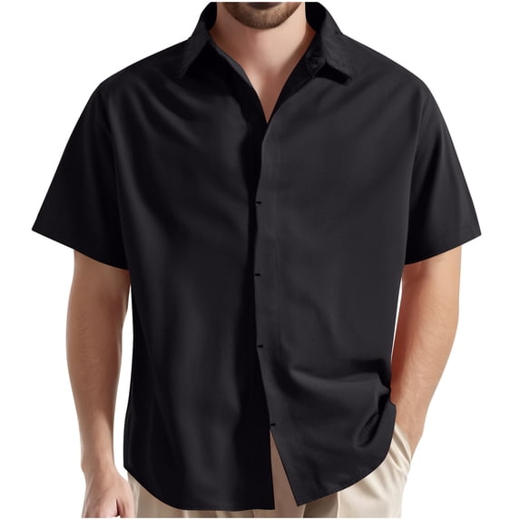 AHTJRT Men's Casual Button Down Short Sleeve Shirt Dressy Turn Down Collar Solid Color Blouse Black 2XL