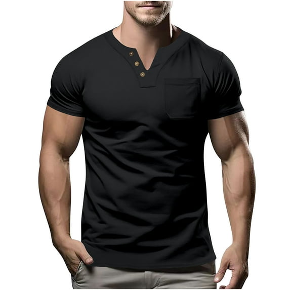 AHTJRT Men's Casual Button-Down Short Sleeve Slim Fit Cotton Henley T-Shirt with Pocket Black 3XL