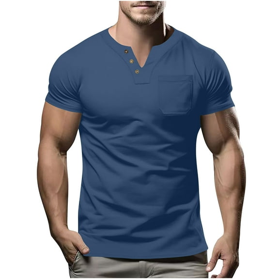 AHTJRT Men's Casual Button-Down Short Sleeve Slim Fit Cotton Henley T-Shirt with Pocket Blue M