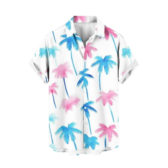 AHTJRT Men’s Casual Hawaiian Shirt with Gradient Palm Fronds Hibiscus Prints Button Down Collar Shirt Multicolor M