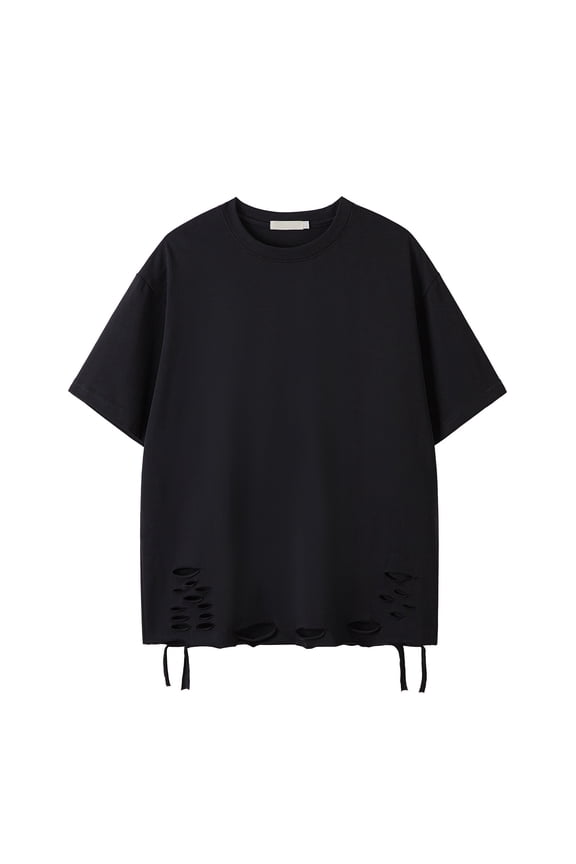 Men's Casual Oversized Distressed T Shirt Unique Side Cutouts Drawstrings Relaxed Fit Soft Trendy Design Everyday Wear Tees Black L