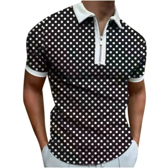 AHTJRT Men's Casual Polka Dot Print Dress Shirt Short Sleeve Zipper Blouse with Collar Black L
